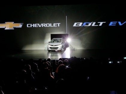 The Chevrolet Bolt EV electric car is unveiled at CES International Wednesday, Jan. 6, 2016, in Las Vegas.