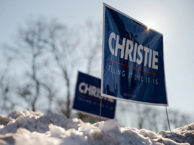 Signs for Republican presidential candidate, New Jersey Gov. Chris Christie are posted in