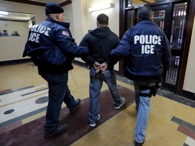 In this March 3, 2015 photo, Immigration and Customs Enforcement officers escort an arrestee in an apartment building, in the Bronx borough of New York, during a series of early-morning raids. Immigrant and Customs Enforcement say an increasing number of cities and counties across the United States are limiting cooperation …