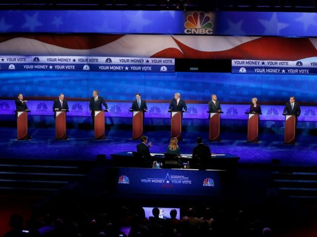 Republican presidential candidates, from left, John Kasich, Mike Huckabee, Jeb Bush, Marco Rubio, Donald Trump, Ben Carson appear during the CNBC Republican presidential debate at the University of Colorado, Wednesday, Oct. 28, 2015, in Boulder, Colo.