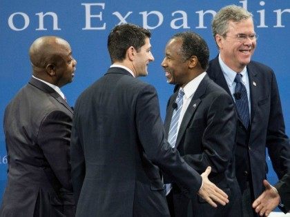 In a Saturday, Jan. 9, 2016 file photo, Republican presidential candidates Ben Carson, center, Jeb Bush and Sen. Tim Scott, R-S.C., left, and House Speaker Paul Ryan of Wis. at the Kemp Forum, in Columbia, S.C.