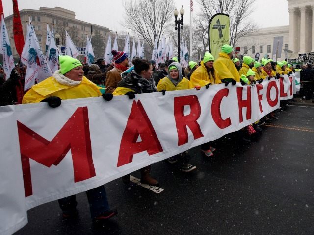 Marchers carry a banner during the March for Life 2016, in front of the U.S. Supreme Court