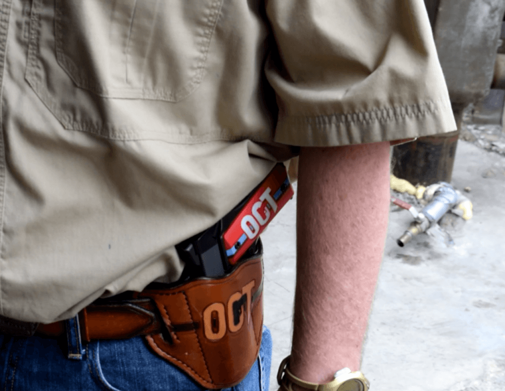 Open Carry Texas Founder C.J. Grisham displays his handgun open carry style. (Breitbart Texas Photo by Bob Price)