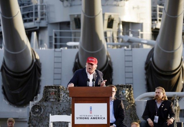 Republican presidential candidate Donald Trump speaks during a campaign event aboard the retired ship USS Iowa in Los Angeles on Tuesday, Sept. 15, 2015. (AP Photo/Kevork Djansezian) ORG XMIT: CAKD110