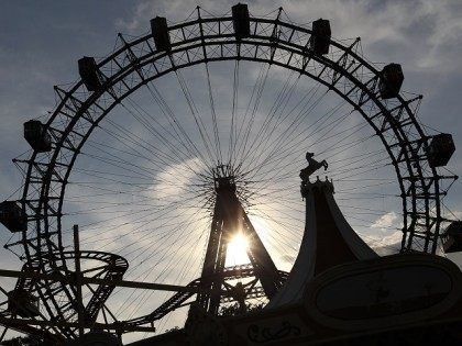 This picture shows a giant ferris wheel at the popular Vienna Prater amusement park, in Vi