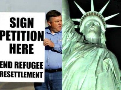Man with End Refugee Resettlement Sign Reuters and Statue of Liberty AP