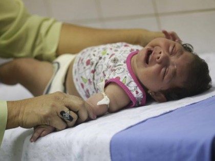 Hospital staff Oswaldo Cruz prepares to draw blood from baby Lorrany Emily da Silva, who h