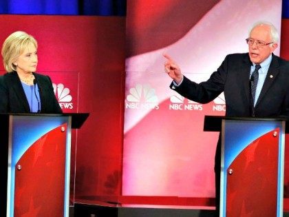 Democratic presidential candidate, Sen. Bernie Sanders, I-Vt., gestures towards Democrati