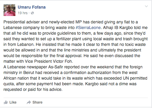 Journalist states former presidential advisor arranged the trash deal.