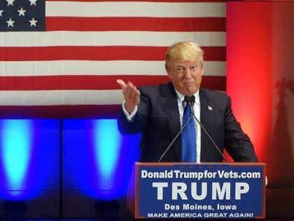 Donald Trump speaks during a campaign rally raising funds for US military veterans at Drake University in Des Moines, Iowa on January 28, 2016. US Republicans scrambling to win the first contest in the presidential nomination race were gearing for battle at high-profile debate in Iowa, but frontrunner Donald Trump …