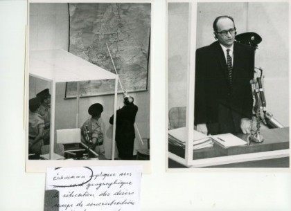 Nazi war criminal Adolf Eichmann shows on a map the locations of the extermination camps in Nazi-occupied Eastern Europe, during the first day of his 1961 trial in an Israeli court in Jerusalem