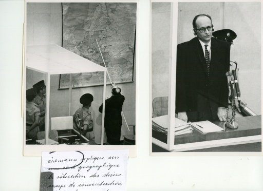 Nazi war criminal Adolf Eichmann shows on a map the locations of the extermination camps i