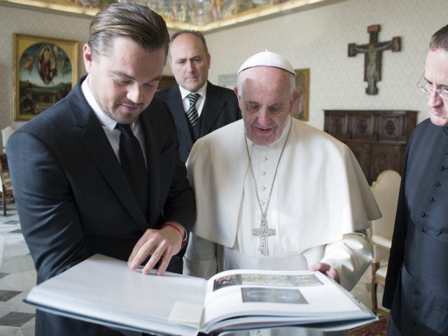 Leonardo DiCaprio has met Pope Francis at the Vatican on January 28, 2016 to discuss their shared concern about the environment and give him a cheque to use on charity works 'close to your heart'. Photo by Sipa USA (Sipa via AP Images)