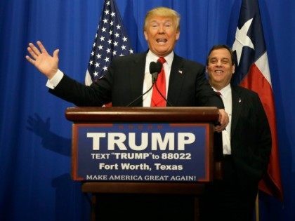 Republican presidential candidate Donald Trump, accompanied by New Jersey Gov. Chris Christie, speaks before a rally in Fort Worth, Texas, Friday, Feb. 26, 2016. (