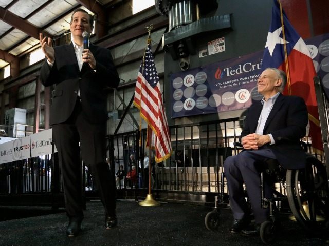 Republican presidential candidate, Sen. Ted Cruz, R-Texas, accompanied by Texas Gov. Greg