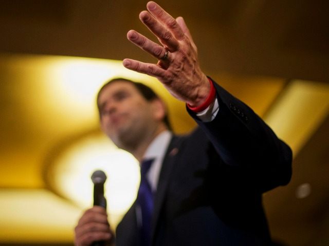 Sen. Marco Rubio, R-Fla. gestures while speaking Monday, Feb. 29, 2016, in Atlanta.