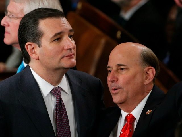 Sen. Ted Cruz, R-Texas, left, and Rep. Louie Gohmert, R-Texas, arrive for President Barack Obama's State of the Union address on Capitol Hill in Washington, Tuesday Jan. 28, 2014. (