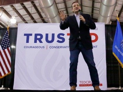 Republican presidential candidate, Sen. Ted Cruz, R-Texas, gestures as he speaks to a rally in Tulsa, Okla., Sunday, Feb. 28, 2016.