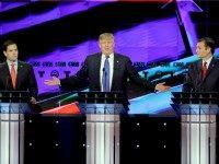 Republican presidential candidate, businessman Donald Trump, speaks as Republican presidential candidate, Sen. Marco Rubio, R-Fla., left, and Republican presidential candidate, Sen. Ted Cruz, R-Texas, right, look on during a Republican presidential primary debate, Thursday, Feb. 25, 2016, in Houston.