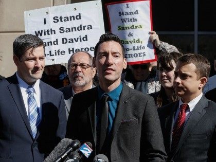 David Daleiden, one of the two anti-abortion activists indicted last week, speaks to supporters outside the Harris County Criminal Courthouse after turning himself in to authorities Thursday, Feb. 4, 2016, in Houston. Daleiden and Sandra Merritt are charged with tampering with a governmental record, a felony punishable by up to …