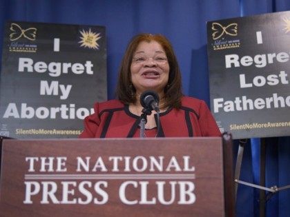 Alveda King, head of African-American Outreach for Priests for Life, speaks during a press conference announcing the 'Healing the Shockwaves of Abortion' project on January 8, 2015 in Washington, DC.