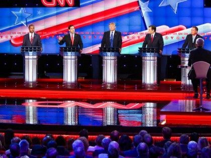 Marco Rubio, second to left, answers a question during the Republican Presidential Primary Debate at the University of Houston Thursday, Feb. 25, 2016. (