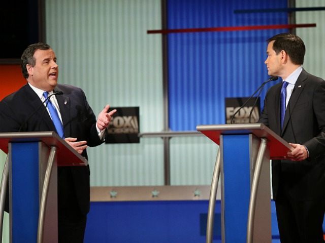 Republican presidential candidates (L-R) New Jersey Governor Chris Christie and Sen. Marco Rubio (R-FL) participate in the Fox Business Network Republican presidential debate at the North Charleston Coliseum and Performing Arts Center on January 14, 2016 in North Charleston, South Carolina.