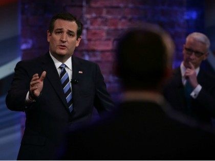 Republican presidential candidate, Sen. Ted Cruz (R-TX) participates in a CNN South Carolina Republican Presidential Town Hall as moderator Anderson Cooper (R) looks on February 17, 2016 in Greenville, South Carolina.
