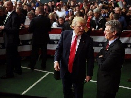 MILFORD, NH - FEBRUARY 02: Republican Presidential candidate Donald Trump speaks with for