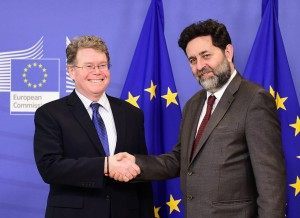 Transatlantic Trade and Investment Partnership (TTIP) chief negotiators EU's Ignacio Garcia Bercero (R) and US Dan Mullaney meet at the European Commission ahead of a new round of negotiations on February 22, 2016 in Brussels. 