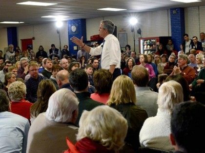 SALEM, NH - FEBRUARY 17: Republican Presidential candidate Jeb Bush holds a town hall at Woodbury School February 7, 2016 in Salem, New Hampshire. Candidates are in a last push for votes ahead of the first in the nation primary on February 9. (Photo by )