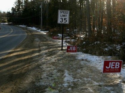 A few signs are placed on the roadside supporting Republican presidential candidate Jeb Bush January 31, 2016 in Bow, New Hampshire.