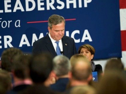 Jeb Bush reacts as he announces the suspension of his presidential campaign at an election night party at the Hilton Columbia Center in Columbia, SC on February 20, 2016. Donald Trump won decisively in the South Carolina Republican Presidential Primary, the 'first in the south.' (Photo by