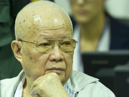 CAMBODIA, Phnom Penh : This handout photo taken and released by the Extraordinary Chambers in the Courts of Cambodia (ECCC) on July 2, 2015 shows former Khmer Rouge head of state Khieu Samphan sitting in the courtroom at the ECCC in Phnom Penh. Two former Khmer Rouge leaders July 2 …