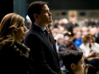 WASHINGTON, DC - February 1: Senator and Presidential candidate, Marco Rubio (R-FL) stands with his family as he waits to address voters at a caucus site as Iowans prepare to cast their first votes in the 2016 Presidential primaries on February 1, 2016 in Des Moines, Iowa.