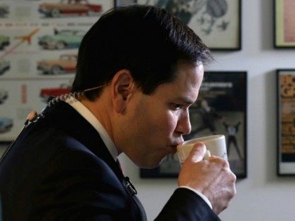 NASHUA, NH - FEBRUARY 08: Republican presidential candidate Sen. Marco Rubio (R-FL) sips