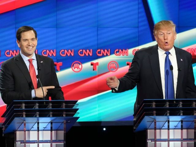 Sen. Marco Rubio (R-FL) reacts to a point by Donald Trump during the Republican debate on