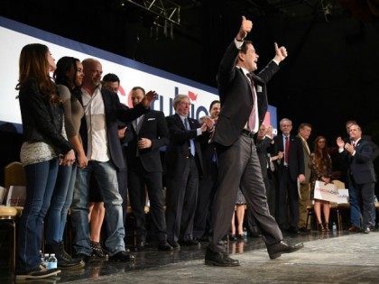 Republican presidential candidate Sen. Marco Rubio (R-FL) reacts after speaking at a rally