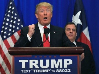 Republican presidential candidate Donald Trump announces that New Jersey Governor Chris Christie officially supports the Trump campaign during a rally at the Fort Worth Convention Center on February 26, 2016 in Fort Worth, Texas.