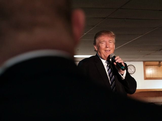 Republican presidential candidate Donald Trump speaks to a small crowd a day before voters go to the polls on February 8, 2016 in Salem, New Hampshire. Trump, who came in second place in Iowa despite leading in the polls, is looking to for a win on Tuesday in the New …