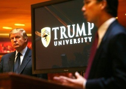 FILE - In this May 23, 2005 file photo, Donald Trump, left, listens as Michael Sexton, president and co-founder of the business education company, introduces him to announce the establishment of Trump University at a press conference in New York. Long before Trumps seductive mix of optimism and hyperbole proved …