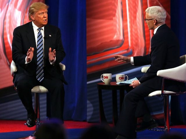 Republican presidential candidate Donald Trump speaks at a CNN South Carolina Republican Presidential Town Hall with host Anderson Cooper on February 18, 2016 in Columbia, South Carolina.