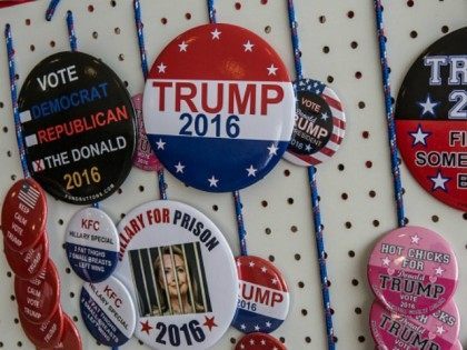 WATERLOO, IA - FEBRUARY 1: A vendor's buttons are displayed for sale ahead of a rally with Republican presidential candidate Donald Trump at the Ramada Waterloo Hotel and Convention Center on February 1, 2016 in Waterloo, Iowa.