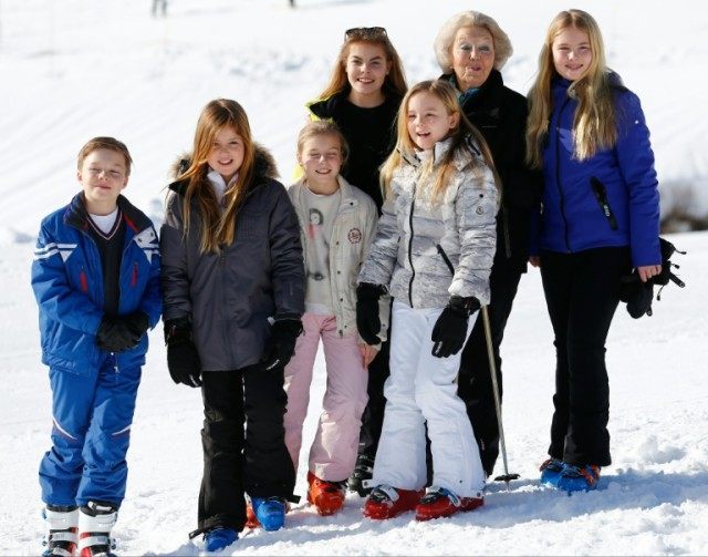 Princess Alexia (2nd L) poses with other members of the royal family during their ski holidays in Lech am Arlberg, Austria, on February 22, 2016, she suffered a fracture in her right thigh