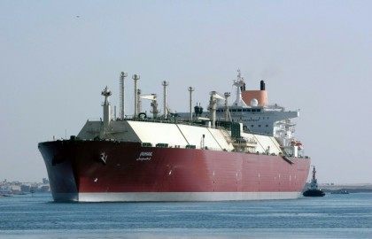 Qatari Liquefied Natural Gas (LNG) carrier "Duhail" passes through the Suez Canal on April