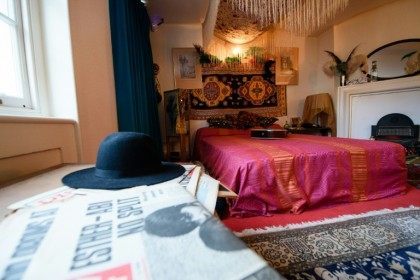 The bedroom of US musician Jimi Hendrix is recreated to promote a forthcoming exhibition,