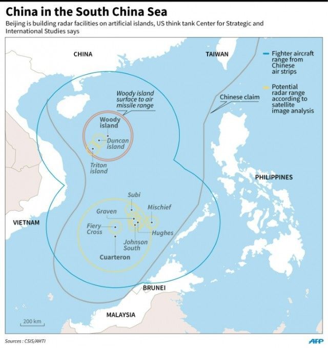 Map showing potential Chinese radar cover in the South China Sea, according to analysis by