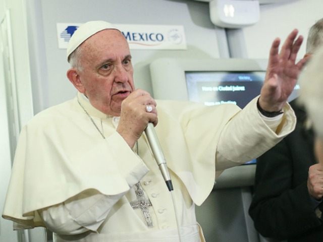 Pope Francis speaks to journalists aboard the flight from Mexico to Italy, on February 18,
