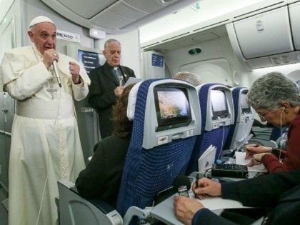 Pope Francis speaks to journalists aboard the flight from Mexico to Italy, on February 18,