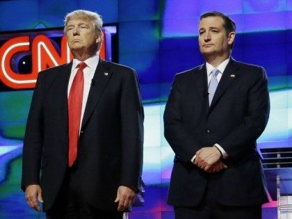 Republican presidential candidates, Sen. Marco Rubio, R-Fla., left, Donald Trump, Sen. Ted Cruz, R-Texas, and Ohio Gov. John Kasich, right, stand together before the start of the Republican presidential debate sponsored by CNN, Salem Media Group and the Washington Times at the University of Miami, Thursday, March 10, 2016, in …